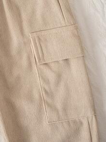 2件套男童及儿童灯芯绒休闲多口袋长袖衬衫和翻盖口袋长裤套装，适合日常聚会、度假、外出等场合。 - 杏色 - 查看 10