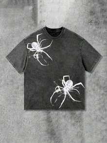 Y2K Spider Print T-Shirt (230g Pure Cotton Washed T-Shirt)% Pure Cotton Fabric-Men And Women Street Retro Loose Casual Hip-Hop Washed T-Shirt, Retro - 黑色 - 查看 4