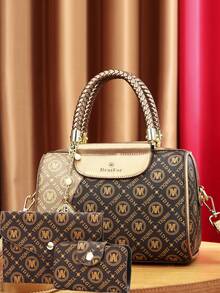 3pcs Set Women's Fashion Printed Handbag, Tote Bag, Pillow Bag - Gold - View 10