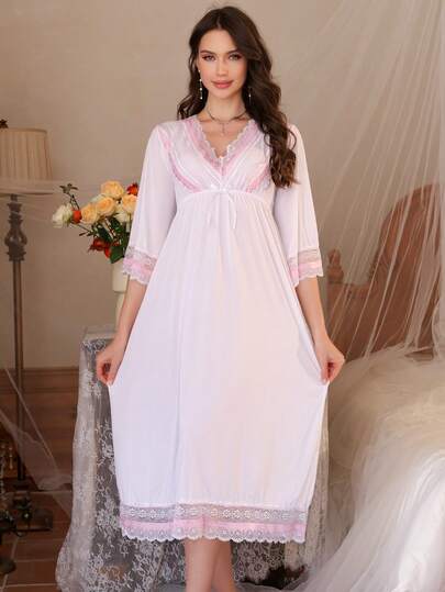 春秋季蕾丝边V领睡裙，七分袖睡衣连衣裙