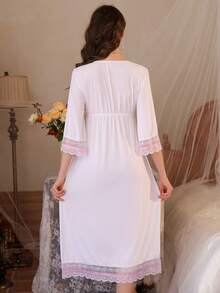 春秋季蕾丝边V领睡裙，七分袖睡衣连衣裙 - 白色 - 查看 2