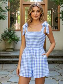 Women's Summer Spaghetti Strap Jumpsuit Sleeveless Wide Leg Plaid Shorts Overalls - Màu xanh lam - Xem 1