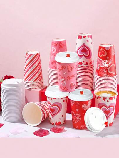 Engångsmuggar av papper för alla hjärtans dag med lock – 340 g, blandade modeller, 20 eller 40 pack; kaffemuggar med hjärttryck, perfekta för alla hjärtans dag-firanden, romantiska tillfällen, caféservering och presentutbytesevenemang