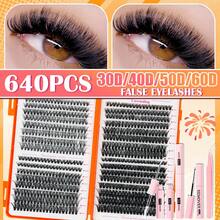 640pcs DIY Eyelash Extension Kit (30D+40D+50D+60D) - Includes False Eyelashes, Glue, Makeup Remover, Tweezers, Suitable For Professionals And Beginners, Convenient For Home Use, Eyelash Extension Starter Set: Includes Full Set Of False Lashes And Glue - 彩色 - 查看 12