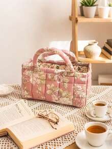 1pc Vintage Floral Print Quilted Diaper Caddy, Toy Storage Basket, Embroidered Diaper Organizer For Newborns, Toys And Supplies - Multicolor - View 11