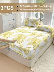 蓬松柔软2/3件套床笠套装，包含床笠、床垫保护套，防皱透气，深口袋设计，抗起球，弹力十足，静音防滑，适用于各种尺寸床，家居宿舍卧室装饰，可机洗，亲肤舒适，四季皆宜，易于打理，现代美学设计，植物印花 - 彩色 - 查看 27