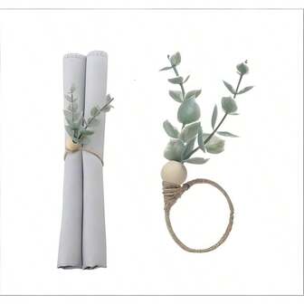 1 Set Plant Napkin Rings, Farmhouse Napkin Rings, Eucalyptus Napkin Rings, Wooden Napkin Rings, Boho Green Leaf Napkin Rings, Rustic Green Leaf Napkin Rings For Thanksgiving, Easter, Christmas, Wedding Table Decor