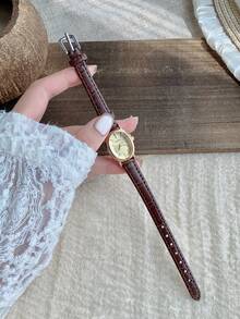 1件女士椭圆形罗马数字休闲优雅石英腕表，适合日常佩戴 - 棕色 - 查看 3