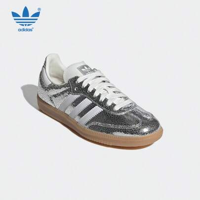 Adidas Originals Samba OG Metallic Silver Cracked Retro Sneakers, Lightweight Non-Slip Shock Absorbing Lace-Up Low-Top Casual Shoes, JR0035