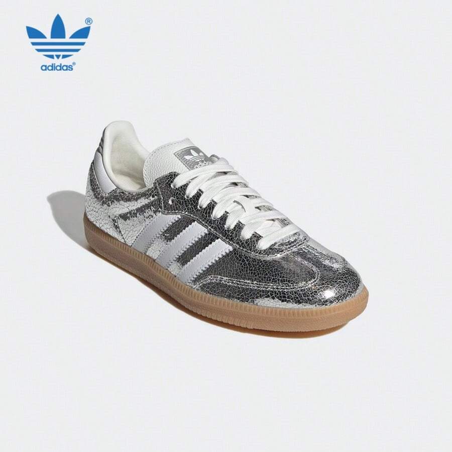 Adidas Originals Samba OG Metallic Silver Cracked Retro Sneakers, Lightweight Non-Slip Shock Absorbing Lace-Up Low-Top Casual Shoes, JR0035 - Silver - View 1