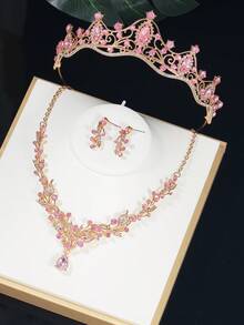 4件套青少年首饰套装，公主项链套装，皇冠项链套装，水晶花朵头饰，奢华皇冠项链礼盒，适合婚礼、节日、晚会等场合 - 粉色 - 查看 6
