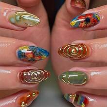 24 piezas Juego de uñas postizas con forma de almendra, acabado metálico, textura de cocodrilo colorida, adornadas con hilos, patrones dorados deslumbrantes, creando una atmósfera de dopamina, estilo de pintura al óleo borrosa, adecuadas para citas, reuniones, fiestas, salidas, cada uña postiza viene con 1 pieza de gel de gelatina y 1 pieza de lima de uñas. Suministros de uñas - Multicolor - Ver 8