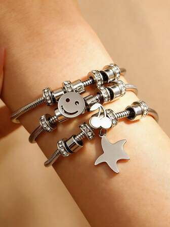 1 pieza Pulsera de acero inoxidable con cuentas con diseño de cereza, estrella y cara sonriente, de moda, elegante, adecuada para mujeres, parejas, uso diario, reuniones, regalos