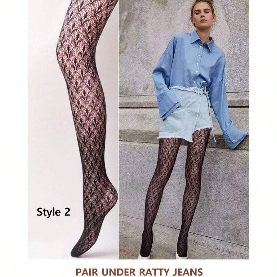 VERO MONTE Women Patterned Fishnet Tights Black Fishnets Net Stockings Pantyhose-092 - Moderno y clásico combinado, negro, 4 pares de 4 estilos - Ver 1