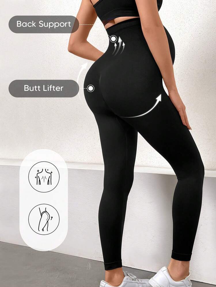 Leggings de maternidad de unicolor con alta elasticidad y soporte abdominal - Negro - Añade 3