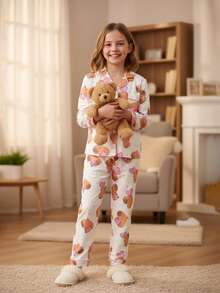 Girls Adorable Teddy Bear Print Pajama Homewear Set For Bedtime & Indoor Activities | 8–12Y - Multicolor - View 3