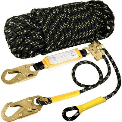 TRSMIMA Rope Harn Safety Lanyard50ft Vertical Roofing Rope With Grab Snap Hooks Shock Absorber - Fall Protection Tree Climbing Line Kit Heavy Duty Roof Safety Equipment ANSI CE