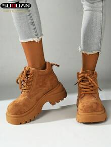2026春秋新款女士复古厚底靴，前系带增高锯齿鞋底，英伦风踝靴，百搭显瘦增高，四季通勤鞋 - 焦糖色 - 查看 4