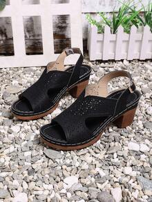 夏季新款时尚休闲镂空透气女士法式高跟凉鞋 - 黑色 - 查看 9