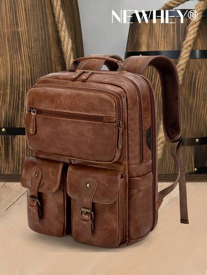 Travel Backpack For Men 15.6 Inch PU Leather Laptop Bag With USB Charging Port Waterproof Laptop Backpack Large Capacity Carry On Backpack Computer Bag For College, Business And Travel