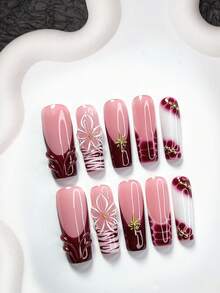 10pcs French Press-On Nail Stickers, Handmade Pinched Flower Decor, Water Drop Nail Stickers, Star Nail Accessories, White Gel Nail Polish, Purple-Red Nail Polish, Mature & Steady, Includes Tool Kit, 3 Sizes Available: Almond, Duck Mouth, Coffin Shape, Suitable For Women & Girls, Autumn/Winter, Party Nail Supplies Nails - 彩色 - 查看 15