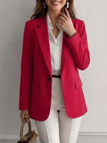 女士时尚红色长袖西装外套，带口袋和纽扣细节，常规长度，梭织面料，无弹力，款式简洁大方。 - 紅色 - 查看 2