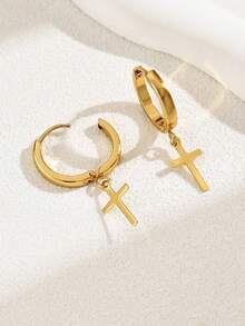 1 对时尚休闲经典百搭个性化高端十字架设计耳环 - 金黃色 - 查看 3