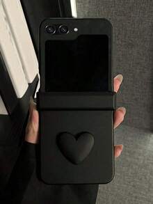 3D Heart Solid Color Phone Case, Compatible With Samsung Galaxy Z Flip 7, Flip6, ZFlip 5, Z Flip4, 3, 5G, Shock-Resistant Hinge Back Cover - Black - View 3