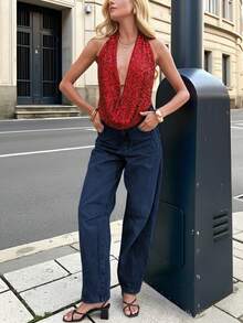 女士新款红色V领露背吊带无袖亮片串珠拼接吊带背心，性感优雅时尚派对聚会节日圣诞新年背心，春夏款 - 紅色 - 查看 4