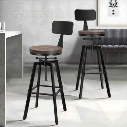 Bar Stool Retro Kitchen Vintage Chair Industrial Wooden Barstools With Height Adjustable Swivel Seat Rustic Counter Dining Chairs With Backrest Footrest For Home Bar Balcony