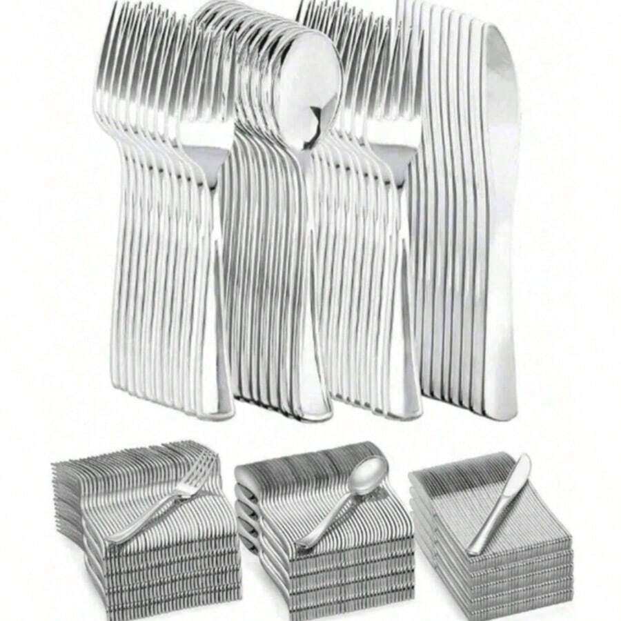 150/100/50/25/10pcs Silver Reusable Plastic Cutlery Set, Including Cake/Salad Forks, Spoons, Suitable For Home, Restaurant, Wedding, Outdoor, Birthday, Party, Holiday Gatherings, Kitchen Accessories, Valentine's Day, Back To School Party - Silver - View 1