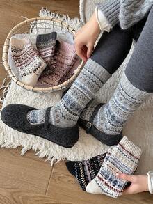 3双装女士加厚长筒袜，复古彩色休闲时尚过膝袜，秋冬款