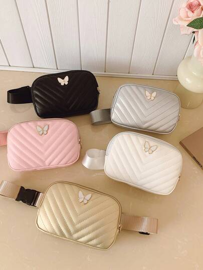 1pc Girl's Embroidered PU Leather Lightweight Zipper Closure Casual Waist Bag, Bow Decor Crossbody Chest Bag, Suitable For Daily Use All Seasons