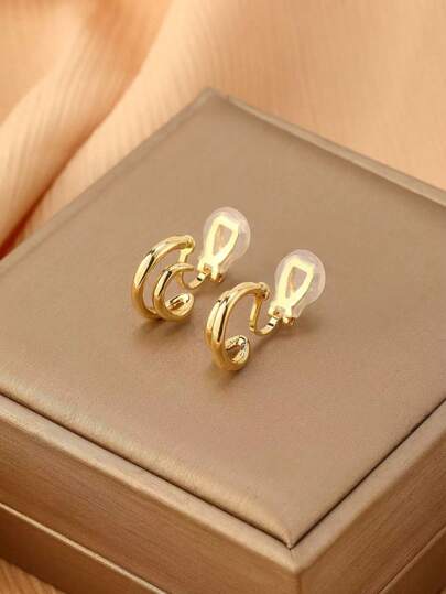 1对时尚新款双层半圆形铜质夹式耳环，女士高端优雅显瘦耳环，适合日常佩戴，节日礼物
