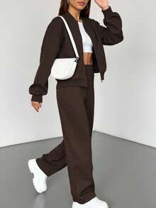 两件装纯色休闲拉链连帽衫，女士运动卫衣，适合运动、居家、办公、街头穿着，春秋冬皆宜 - 咖啡棕 - 查看 4