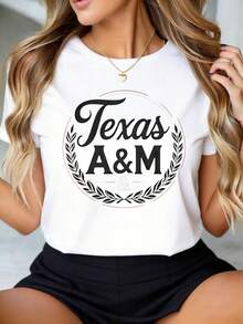 Sports Event Short Sleeves Texas A M Aggies College Logo T Shirt Women Casual Short Sleeve Top White Graphic Tee For University Fans Suitable For Sports Eventsholiday Partiesand Other Holiday Gifts - trắng - Xem 2
