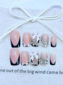Y2K 24Pcs Set French Style Black & White Tie Dye Polka Dot Press-On Nails, Reusable, With Bowknot, Star Rhinestones, Cute & Chic, Suitable For Dates, Spring, New Year, Christmas, Daily, Birthday, Festival, Spring/Summer New Arrival Nail Supplies Nails - 黑白5 - 查看 4