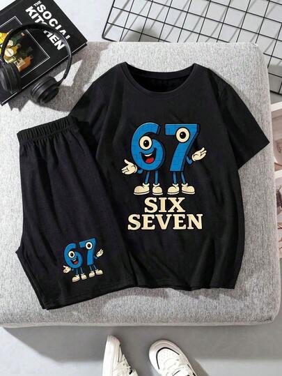 Young Boy Letter & Cartoon Graphic Print Short Sleeve T-Shirt And Shorts Casual Set