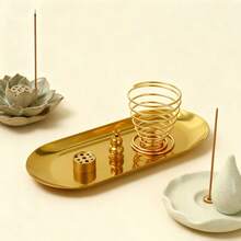 多功能香炉，适用于放置鼠尾草、圣木等条状、盘状或锥形香，黄铜材质，带集灰器，是冥想、瑜伽室和家居装饰的理想之选。 - 金色 - 查看 4