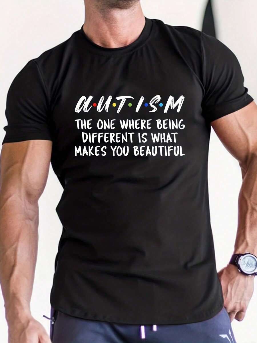 Men's Short-Sleeved T-Shirts With A Round Neck And "AUTISM" Print, Casual For Summer - 黑色 - 查看 1