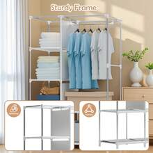 Portable Large Canvas Wardrobe With Hanging Rail Shelving Fabric Clothes Storage Cupboard Clothing Rack - Apricot - View 3