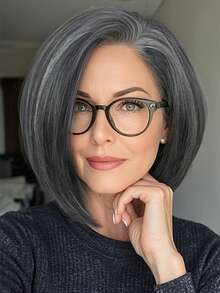 Short Bobbed Wig, Yaki Straight Synthetic Fiber Side Part Short Wig, Soft & Fluffy Yaki Wig, Suitable For Women/Mothers, Straight Bobbed Wig, Short Pixie Wig, Ombre Gray/Brown/Black Wig, Suitable For Daily Wear Or Parties - Gray Highlight - View 9