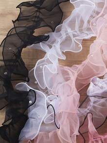 1 rollo de cinta de tul plisada con cuentas, cinta de envoltura artesanal floral, cinta de organza ondulada brillante con perlas - Negro - Ver 4