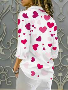Camisa casual de mujer de talla grande con estampado de corazón | Abotonadura sencilla, manga larga, cuello de solapa, bajo no convencional - Blanco - Ver 2