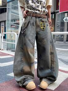 1 chiếc quần jeans ống rộng kiểu Mỹ cổ điển, nhuộm bùn, phối nhiều mảnh vải và vẽ tay (Sản phẩm không bao gồm thắt lưng và phụ kiện) - Màu xanh lam - Xem 3