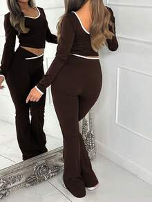 Vaiaye 女士情人节嘉年华 Y2K 两件套休闲运动瑜伽塑形长袖棕色上衣（露脐设计），微提腰棕色裤子套装 - 棕色 - 查看 7