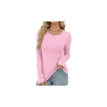 - Camisa trmica de manga larga para mujer, forro polar, ajuste ajustado, cuello redondo, camisetas bsicas con agujeros para el pulgar, otoo a 2025 - Rosa claro + M - Ver 2