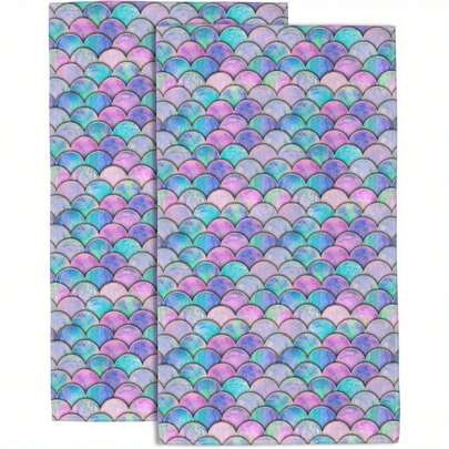 2pcs Hand Towels Set Of 2 Mermaid Fish Scale Wave Towels For Soft Absorbent Decorative Hand Towels Dish Towels For Kitchen Sports Gym Yoga Home Decor 16"X24