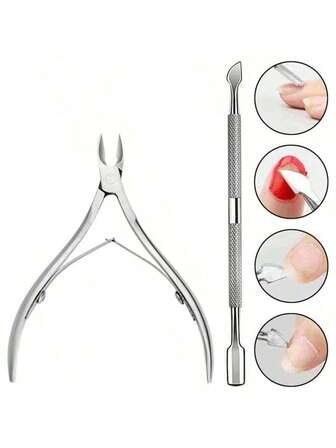 2 piezas Cortaúñas y empujador de acero inoxidable, herramienta de belleza de precisión, apta para uñas de manos y pies, herramientas de manicura y pedicura sin olor, color plateado clásico