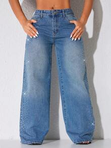 Low Waist Wide Leg Casual Black Slanted Pocket Curved Women's Jeans Heavy Beadwork - Blue - View 3